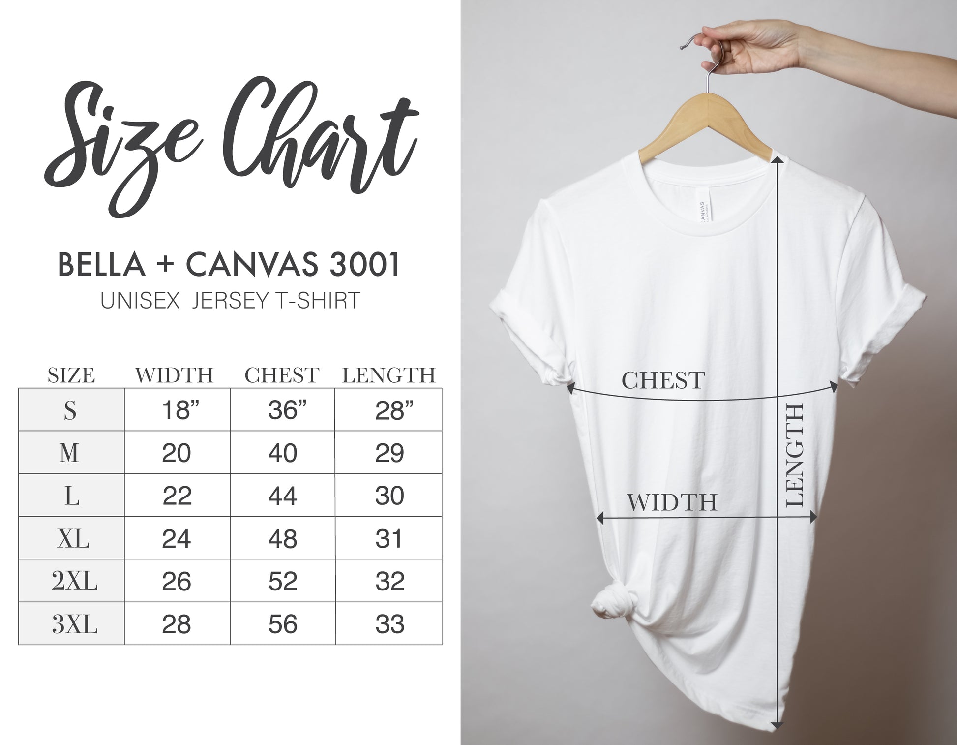 Size Chart Bella and Canvas 3001